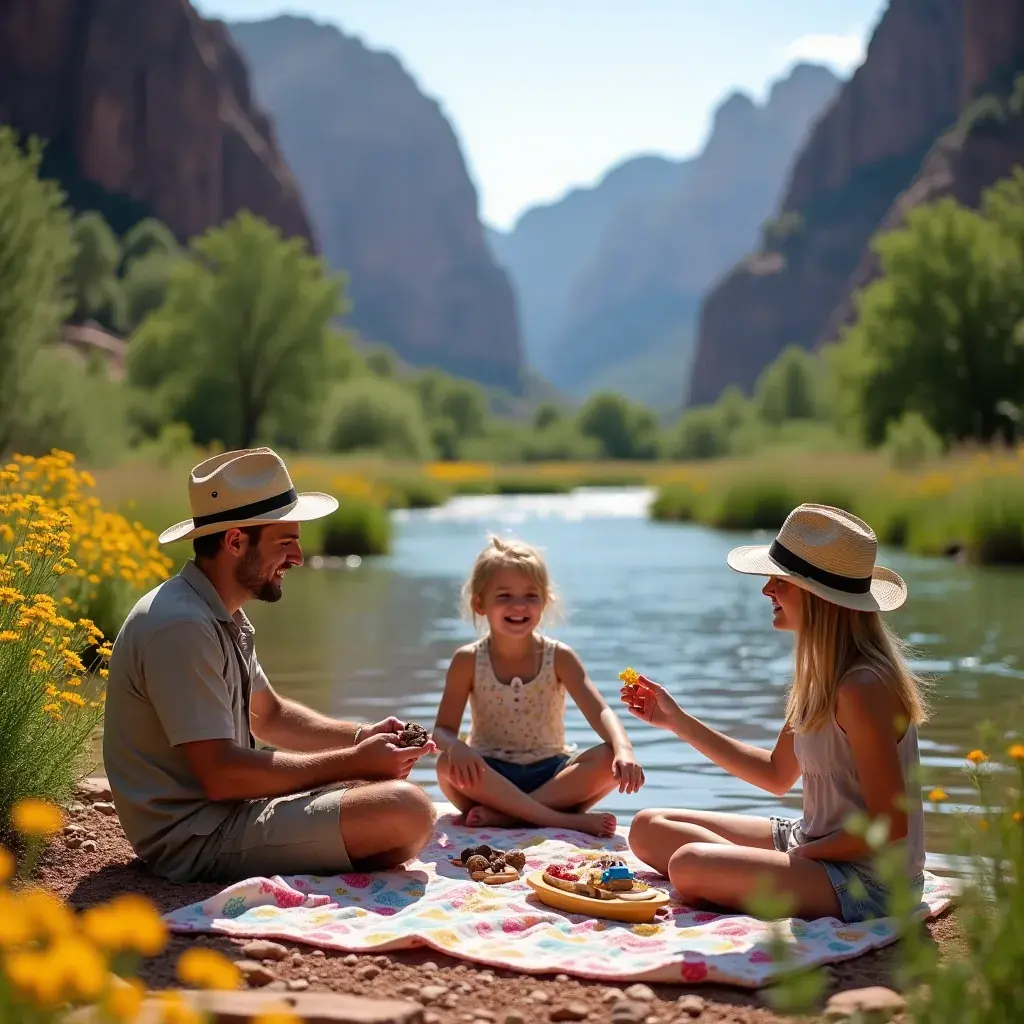 Туристы, наслаждающиеся отдыхом у подножия огромной скалы в каньоне.